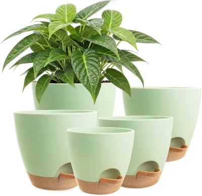Imagen del producto de Juego de macetas de auto-riego, de 5 piezas, con orificios de drenaje y depósito de agua, ideal para balcones y jardines