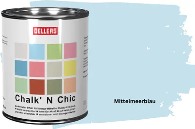 Produktbild von OELLERS Chalk 'N Chic Kreidefarbe Mittelmeerblau 1L matt – für Shabby-Chic-Look & Vintage-Stil auf Holz, Beton, Raufaser, Gipskarton uvm.