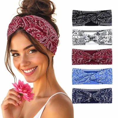 Produktbild von 5x Damen Stirnband Boho Stil, Breites, elastisches Haarband, A0547