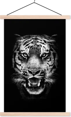 Produktbild von MuchoWow® Textilposter Tigerkopf mit einem Muster aus Steinen auf schwarzem Hintergrund - schwarz und weiß 120x180 cm mit holzfarbenen Rahmen - Textil-Plakat