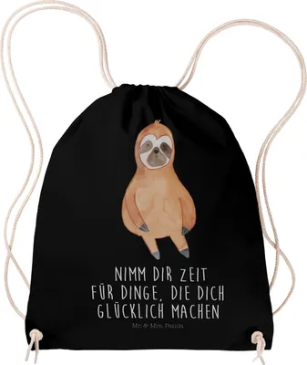 Produktbild von Mr. & Mrs. Panda Jutebeutel Faultier Zufrieden - Schwarz - Geschenk, Sportbeutel, Glücklich, wander rucksack, Glück, Frieden, sporttasche klein, Pause, Beutel, stoff