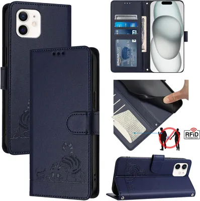 Obrázek produktu pro Kožené pouzdro pro iPhone 12 / 12 Pro, sladká kočka Flip pouzdro s funkcí stojánku a peněženkou modré