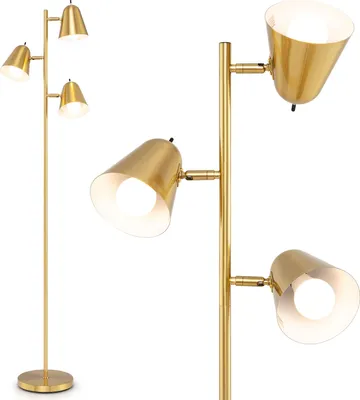 Imagen del producto de Lámpara de pie COSTWAY, 3 bombillas, 163 cm, con 3 bombillas E27, pantallas ajustables en 360° y base pesada, lámpara de pie dorada para lectura