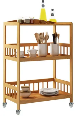 Image de Chariot de cuisine en bambou avec 3 étagères et roulettes, dimensions : 53 x 80 x 30,5 cm