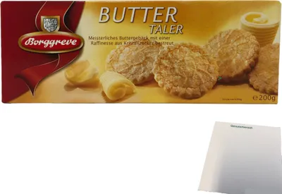 Produktbild von Borggreve Buttertaler Meisterliches Buttergebäck mit Kristallzucker bestreut (200g Packung) + usy Block