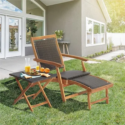 Image de Fauteuil de relaxation pliable - Chaise de jardin - Transat - Chaise pliante - Fauteuil en rotin - Dossier réglable