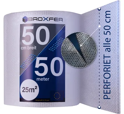 Produktbild von Broxfer Luftpolsterfolie Rolle 50cm x 50m Polsterfolie für Umzug / Versand 2-schichtig Verpackungsfolie LPF perforiert
