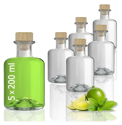 Produktbild von 5 Glasflaschen 200 ml leer zum selbst Befüllen mit Korken Apothekerflasche Essig Öl Flasche Schnapsflaschen Likörflaschen