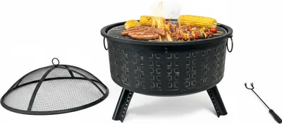 Produktbild von Relaxdays Feuerschale, HxØ 62 x 66 cm, mit Grillrost, Funkenschutz & Schürhaken, Feuerstelle Garten, Feuerkorb, schwarz