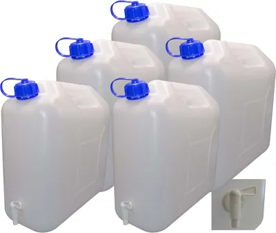 Produktbild von 5 x 15 L Kanister mit Deckel, Zapfhahn und Ausgießer, natur Trinkwasser