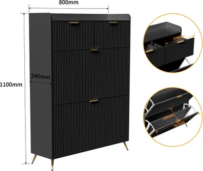 Immagine prodotto di Armadio per scarpe - Scaffale per scarpe per l'ingresso - Salvaspazio - 2 cassetti - 2 ante scorrevoli - Metallo e legno - 80x24x110 cm - Nero