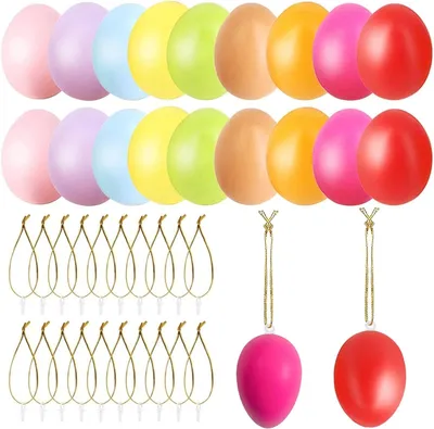 Productafbeelding van Paaseieren om op te hangen - Set van 24 - Kleurrijk - Plastic paaseieren om op te hangen en te decoreren - 6 x 4 cm