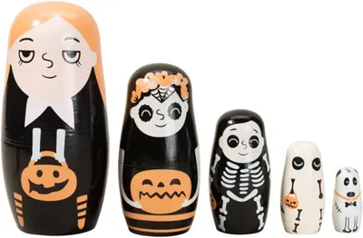 Productafbeelding van Halloween houten nestpoppen - Set van 5 - Russische poppen - Handgemaakte spookskelet - Kinderen - Verjaardagscadeau