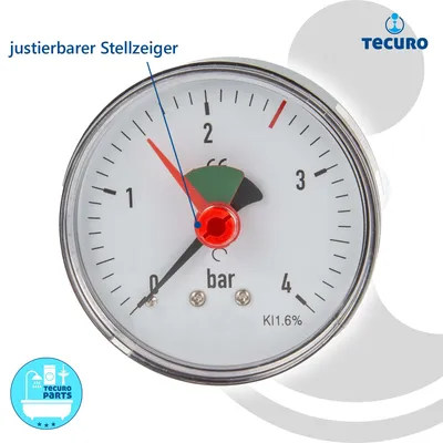 Produktbild von tecuro Heizungsmanometer 0-4 bar, Ø 63 mm - 3/8 Zoll Anschluss axial (hinten), selbstdichtend
