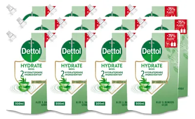 Imagen del producto de 12 unidades de recambio de jabón líquido para manos Dettol, hidratante, con aloe vera y bambú, 500 ml, pack económico