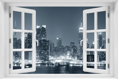Produktbild von Wallario Wandbild aus Acryl, 60 x 90 cm, freischwebende Optik - New York Skyline - Schwarz Weiß Blau mit Fenster-Illusion