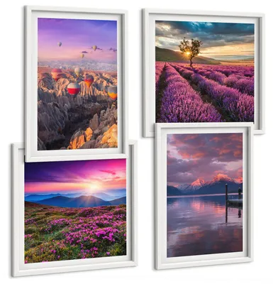 Produktbild von Bilder Set 4-teilig im weißen Rahmen – Wandbilder 4 Stück – gerahmte Poster für Wohnzimmer, Schlafzimmer und Flur – 50x50 cm - 40x60 cm – Sonnenuntergang auf Lavendelfeldern