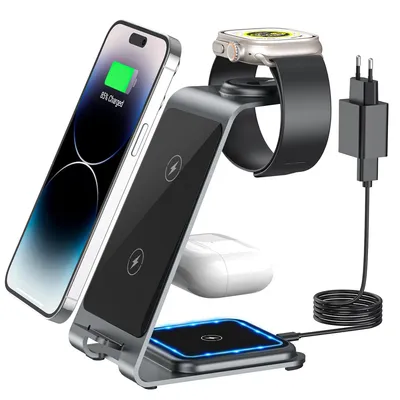 Produktbild von Wireless Charger Qi Induktive Handy Ladegerät Kabellos Induktion Ladestation Smartphone Kabelloses Ladegerät für iPhone/Samsung/Airpods/Apple Watch