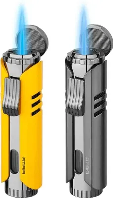 Produktbild von Famanu Feuerzeug Winddicht - Butangas - Jet - Einzelflamme - Einstellbare Flamme - Nachfüllbar - Schwarz Gelb - 2er-Pack