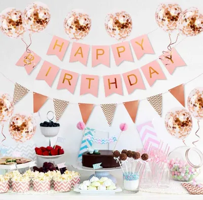 Image de Kit de décoration d'anniversaire rose « Happy Birthday » avec guirlande et 10 ballons confettis - Accessoires de décoration d'anniversaire - Kit de décoration de fête pour femmes, hommes et enfants
