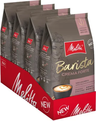 A display box containing multiple bags of Melitta Barista Crema Forte coffee beans.