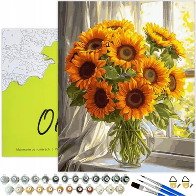 Produktbild von Malen nach Zahlen Erwachsene Blumen Sonnenblumen Fenster 50x40 - 33 Acrylfarben, Leinwand mit Holzrahmen, 3 Pinseln und Zubehör Oh Art!