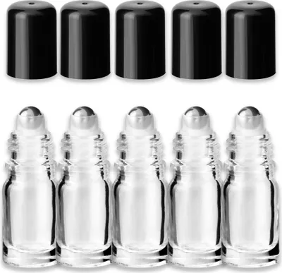 Produktbild von 5x Klare Glasflasche Roll-On 5 ml mit schwarzem Schraubverschluss leer