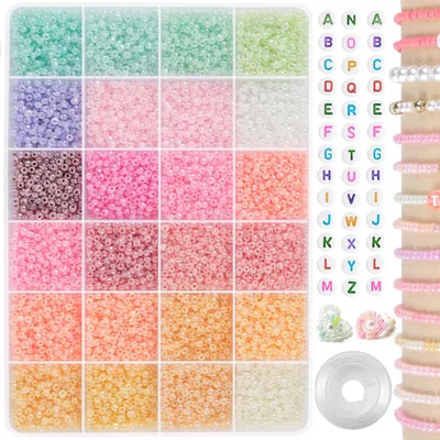 Produktbild von Set mit über 8.000 3-mm-Perlen, 24 Farben von Glasperlen zur Herstellung von Armbändern, kleinen Perlen, Rocailles, Perlen für Bastelarbeiten und Schmuck.
