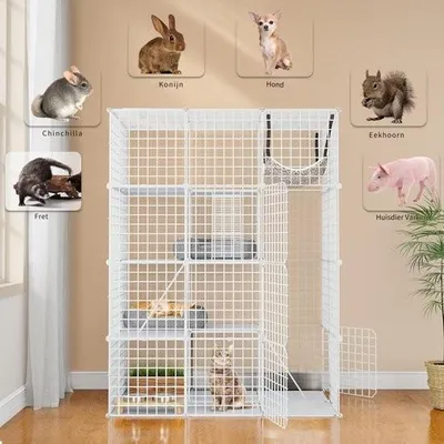 Produktbild von Katzenauslauf - Katzenbox - Katzenkäfig für drinnen und draußen - Katzenunterschlupf - Katzenkäfig - Katzenhaus - Katzenvoliere - Katzenkiste - Weiß - 107 x 72 x 142 cm