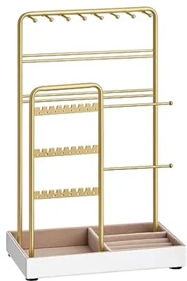 Produktbild von PromoHome® Schmuckständer mit Metallrahmen und Samtschale – Halter für Ohrringe, Armbänder, Ketten, Ringe und Ohrstecker – 30 cm hoch