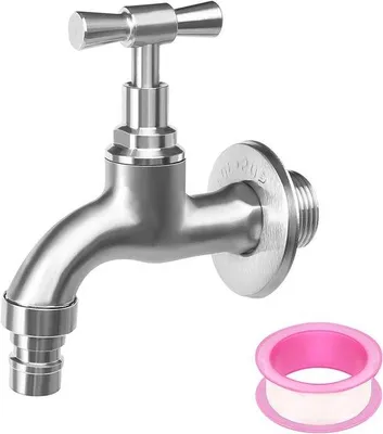Produktbild von Allecto Plus – Wandmontierter Edelstahl-Wasserhahn – Absperrhahn mit 1/2-Zoll-Anschluss und 3/4-Zoll-Adapter – Kaltwasserhahn – Gartenhahn – Auslaufventil mit Wandverkleidung – Edelstahl 304