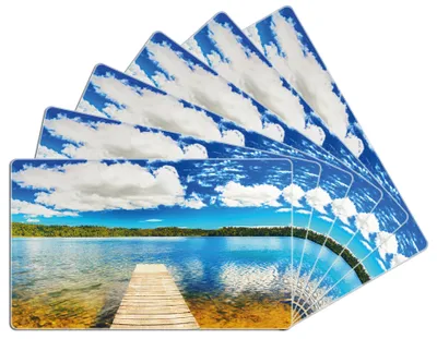 Produktbild von Wallario Frühstücksbrettchen 6er Set aus Glas, je 14 x 23 cm, mit rutschfesten Füßen, Motiv Klarer See mit Steg - Blauer Himmel