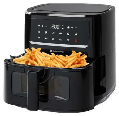 A black air fryer filled with french fries.