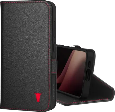 Zdjęcie produktu dla Etui skórzane TORRO Galaxy S24 (z funkcją podstawki) – czarne z czerwonymi detalami