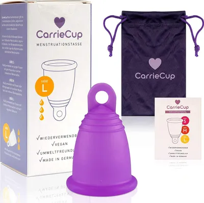 Produktbild von CarrieCup Menstruationstasse groß, Germany - BPA-frei, Alternative zu Tampons und Binden, silikonfrei - inkl. Beutel Lila (Größe: L)