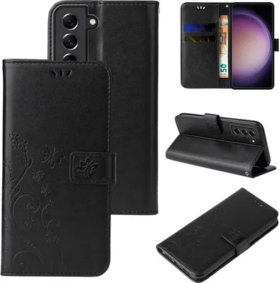 A collage of images showing a black flip phone case with floral and butterfly embossing.