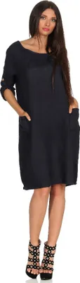 Produktbild von 306 Mississhop Damen 100 % Leinenkleid CASUAL Shirtkleid  style Strandkleid Sommerkleid in modischer Schnittführung  dunkelblau