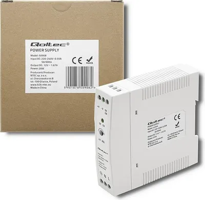 Obrázek produktu pro Napájecí zdroj Qoltec na lištu DIN | 20 W | 12 V | 1,67 A | Bílá | Slim