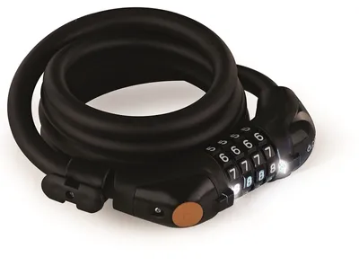Zdjęcie produktu dla Spiralny zamek szyfrowy Prophete czarny 150 cm - 4-cyfrowy zamek szyfrowy z podświetleniem LED, dowolnie kodowany, uchwyt na rurkę ramy, Ø 12 mm