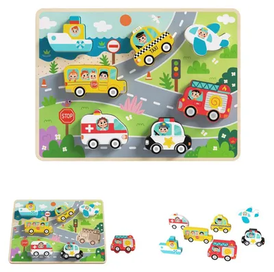 Zdjęcie produktu dla Drewniane Puzzle Pojazdy Samochody Samolot Statek Miasto Dopasuj Kształty Lumarko!