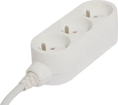 A white, three-socket power strip with a cord, shown against a white background.