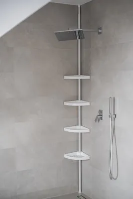 Obrázok produktu pre Kúpeľňový regál Teleskopický regál 4 police Biela 70-290 cm dlhá rohová polica Sprchová polica