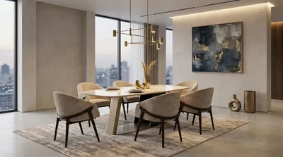 Productafbeelding van Een elegante eethoekset, bestaande uit een eettafel en 6 stijlvolle stoelen, AI-gegenereerde afbeelding