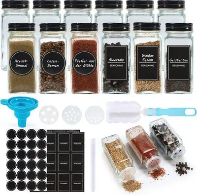 Produktbild von Famanu Set von 12 quadratischen Gewürzgläsern mit Deckel - Gläserne Gewürzaufbewahrung mit Etiketten und Zubehör
