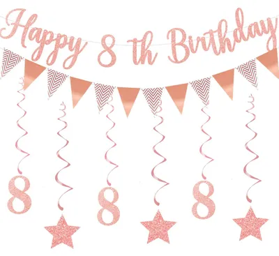 8. Geburtstag Deko Roségold: Banner + 6 Hängespiralen