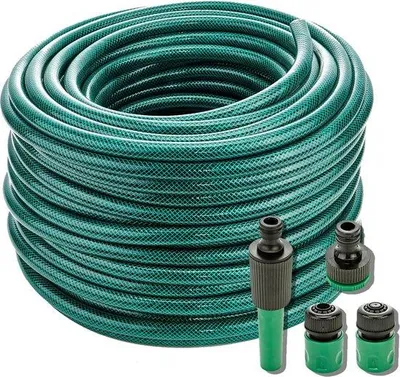 Produktbild von 50m verstärktes PVC-Gartenschlauch-Set mit Fittingen und Sprühpistole