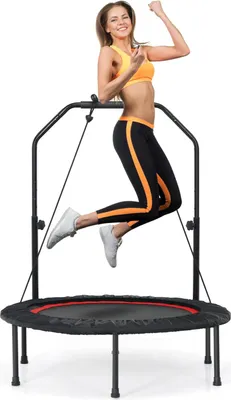 Produktbild von GOPLUS Fitnesstrampolin Indoor, φ101 cm Mini-Trampolin mit verstellbarem Handlauf, klappbares Gartentrampolin bis 150 kg belastbar für Erwachsene