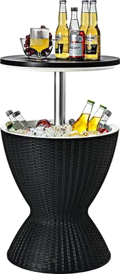 Produktbild von 3 in 1 Beistelltisch / 30L Kühlbox / Hocker, Getränkekühler, Höhenverstellbar, Rattanoptik, Cool Bar, Gartentisch 75kg belastbar, UV-beständig (Schwarz)