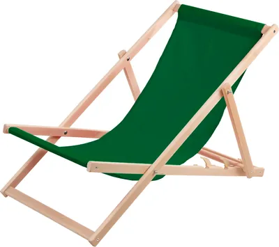 A green deck chair made of wood, shown on a white background.