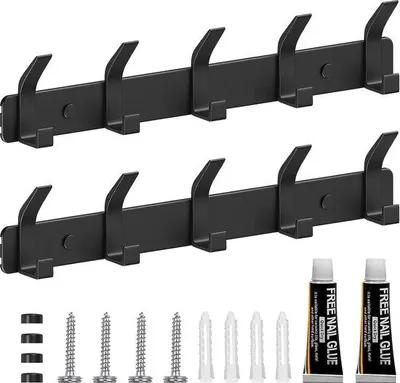 Produktbild von Famanu Kleidungshaken 2 Stück - Wandgarderobe mit 5 Haken, Schwarz